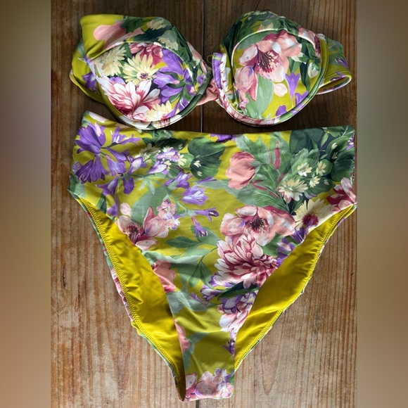 Express Other - Printed Balconette Body Contour Swim Top L & High Waisted Bottom L